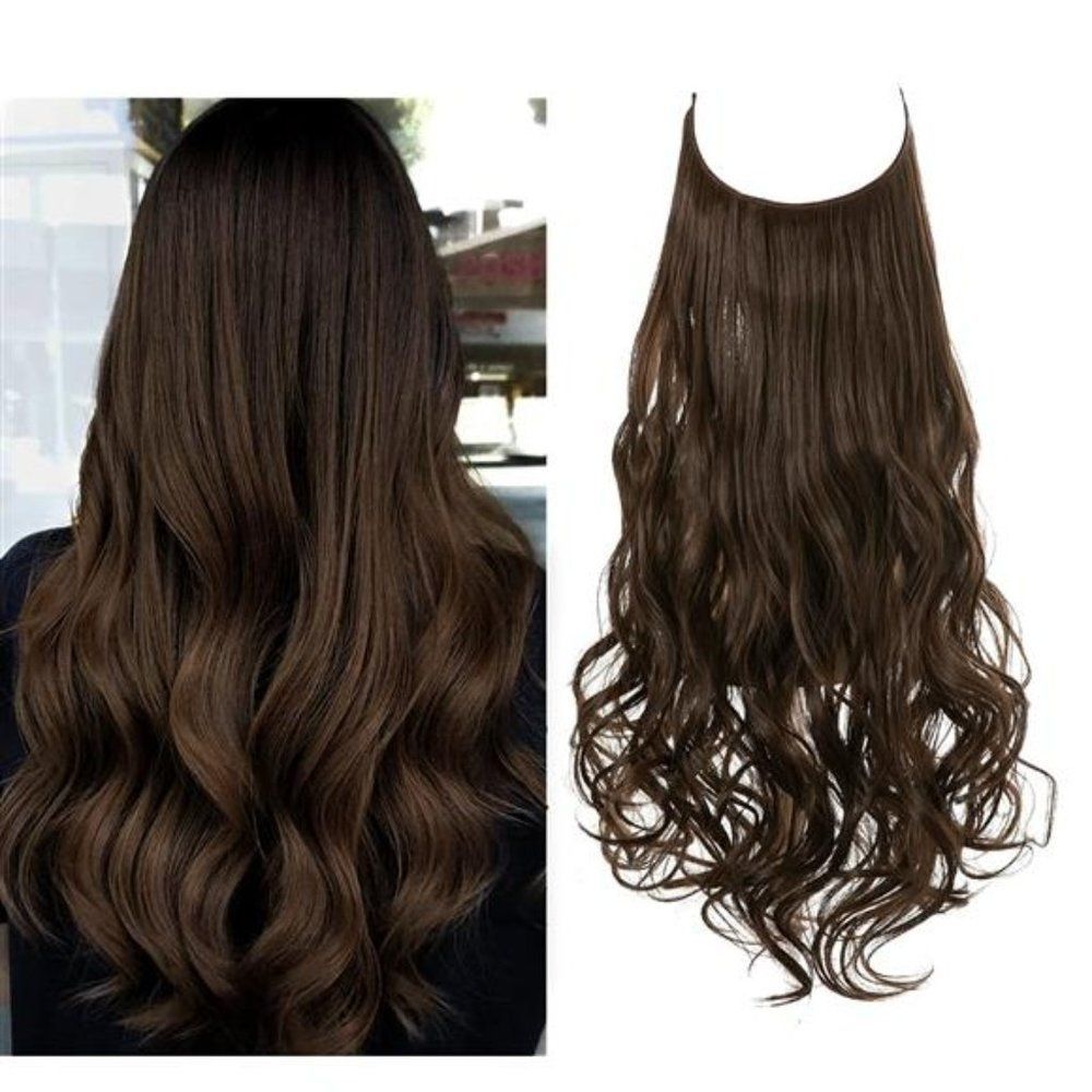 Halo Hair Extensions Brown Wavy Curly Synthetic Hair Transparent Wire Long
